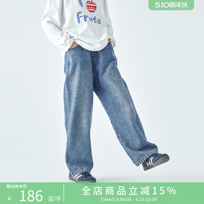 棵初2026年新款亲子中大女童春季水洗蓝纯棉牛仔裤立体蝴蝶结长裤
