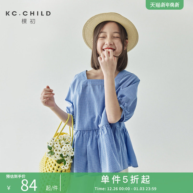 棵初2025夏季新品儿童复古文艺蓝白格纹小衫亲子款泡泡袖方领上衣