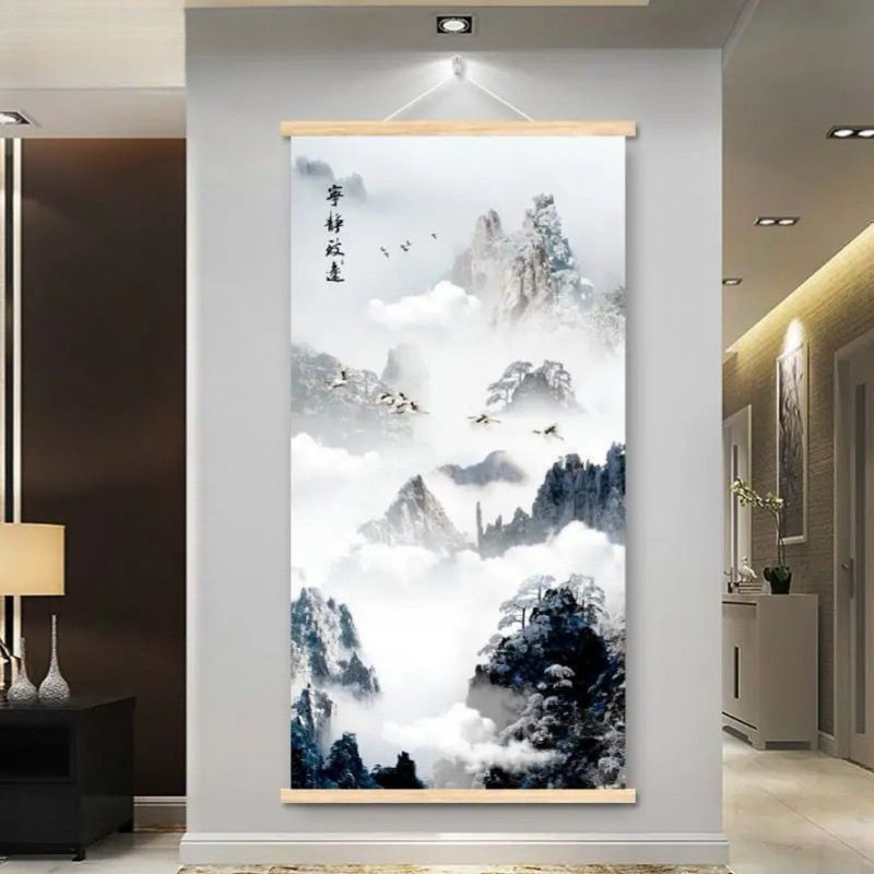 新中式宁静致远卷轴画走廊过道挂画山水画书房布艺遮挡挂轴壁挂画