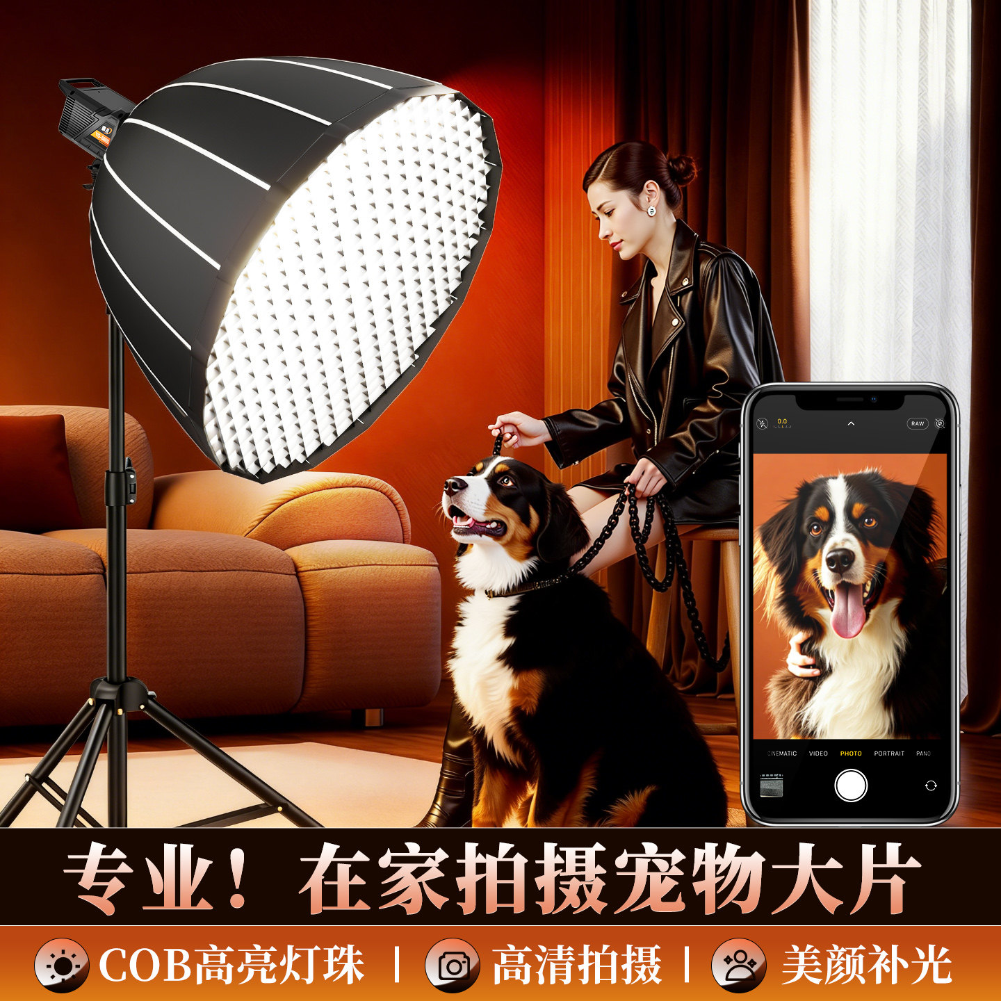 居家宠物写真专业补光灯室内氛围拍摄打光灯深口抛物线柔光箱格栅蜂巢