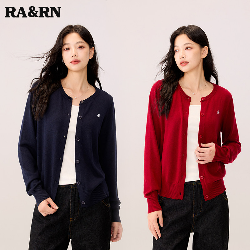 RARN热爱如你纯色简约长袖针织开衫外套女2026秋装新款插肩袖毛衣