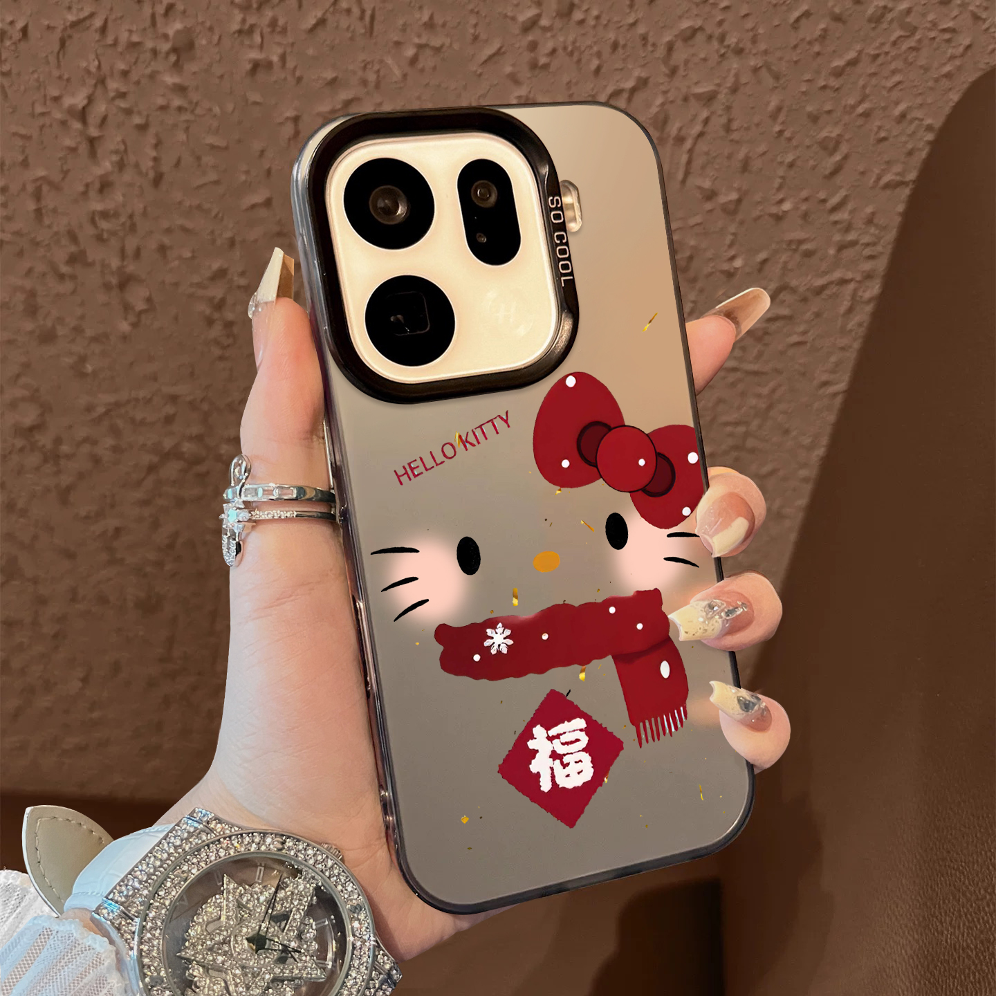 适用于OPPOFindx9pro手机壳红围巾福猫支架彩银新品x7ultra至尊版男女款全包x6/x5防摔保护套简约findx8