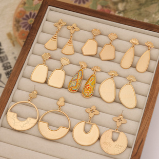 高级感宋锦耳环国风非遗耳钉复古925银针椭圆底托带盖diy包布耳饰