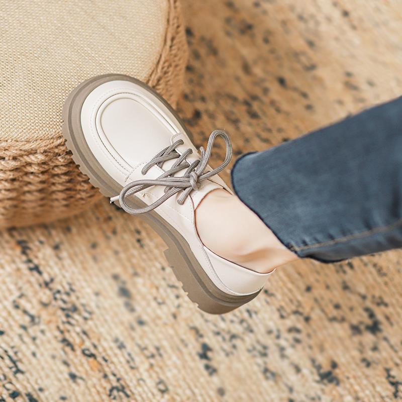 真皮小皮鞋女英伦风2025年新款春秋系带乐福鞋白色单鞋厚底jk鞋子