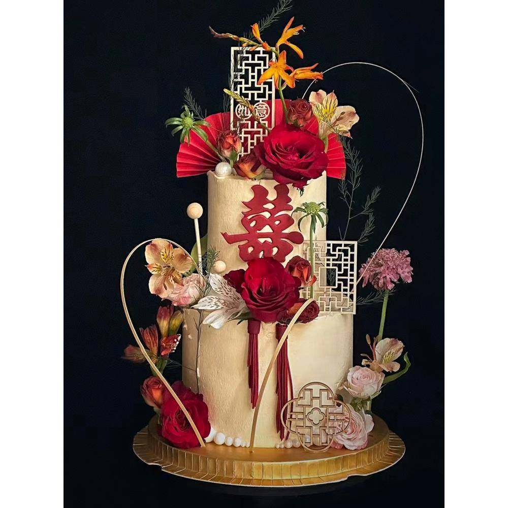 许昌男朋友同款新中式结婚鲜花订婚蛋糕装饰木质如意屏风玫瑰插件