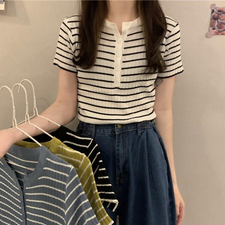 夏季上衣新款小V领韩版撞色条纹纽扣短袖T恤女修身显瘦打底针织衫