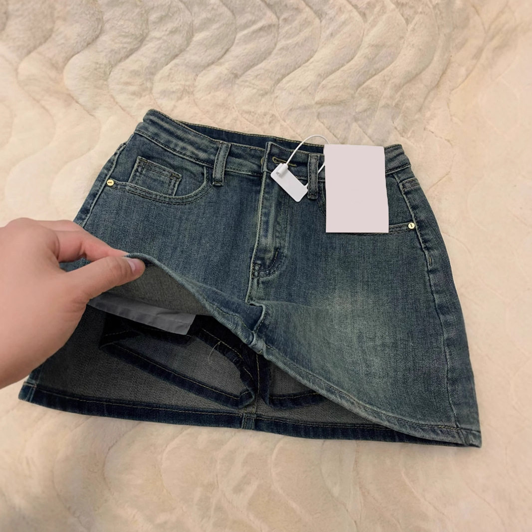 美式复古牛仔短裙女春季新款辣妹弹力显瘦a字裙防走光裙裤包臀裙