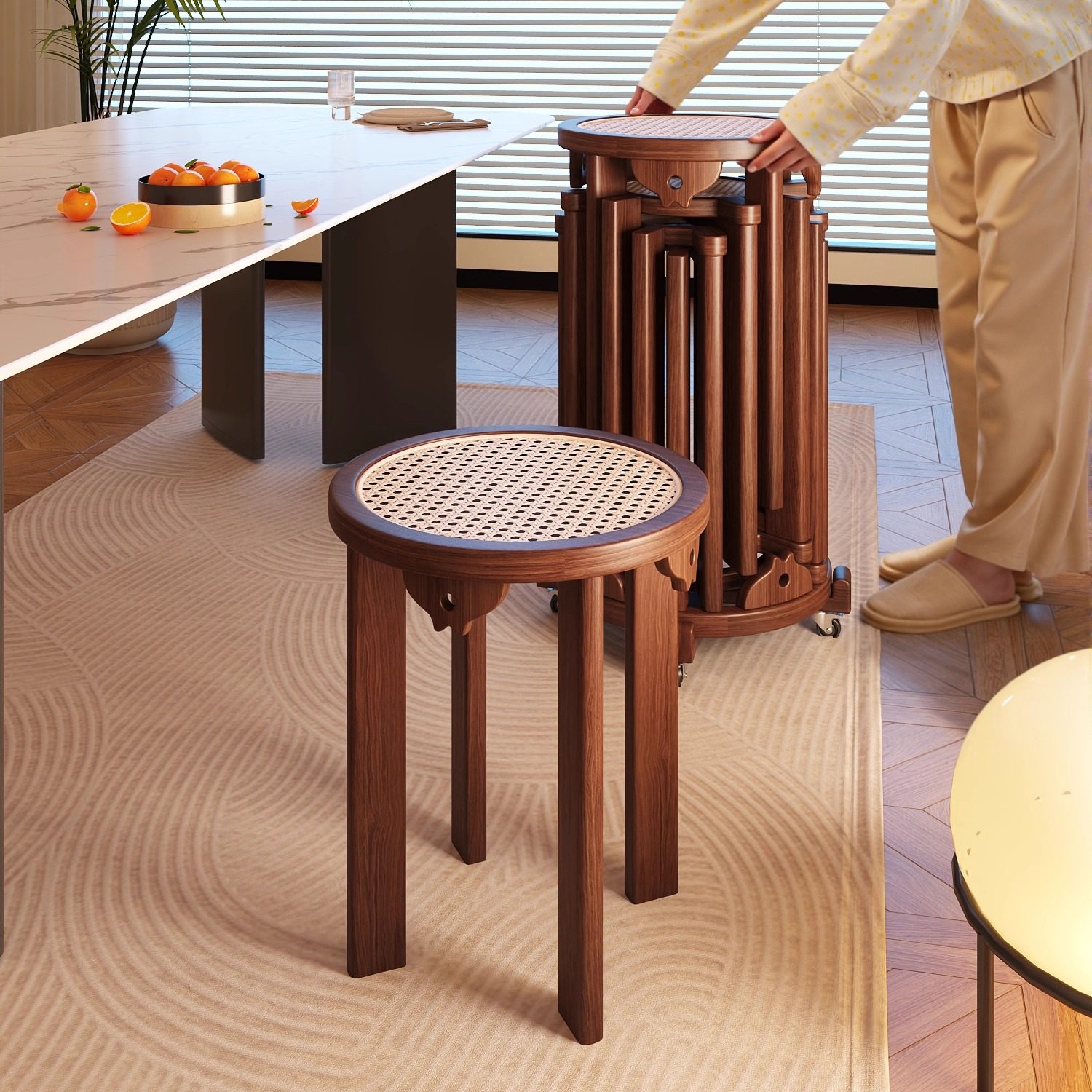 六合一实木凳子家用可叠放备用餐桌板凳创意圆凳藤编叠叠乐组合凳