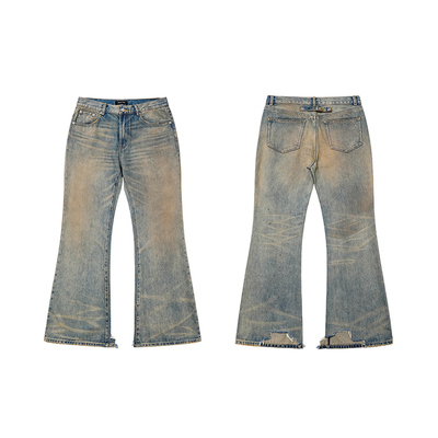 长裤牛仔裤FMT拉链水洗做旧微喇