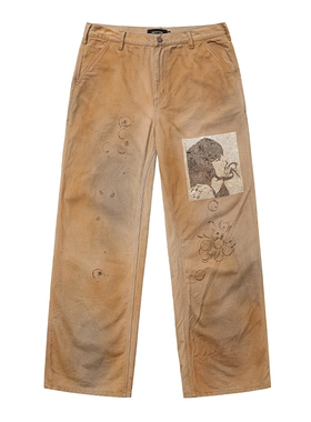 清仓价 美式复古洗水做旧宽松直筒长裤男女街头小众阔腿沾染裤潮