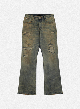 清仓价 美式复古做旧宽松微喇叭牛仔裤男女小众刀割破坏破洞长裤