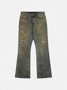男女小众刀割破坏破洞长裤 复古做旧宽松微喇叭牛仔裤 美式 清仓价