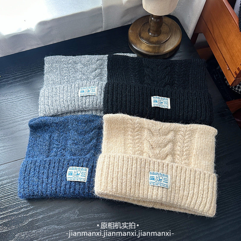可爱猫耳冬季针织帽女甜美日系贴布麻花纹理毛线帽滑雪保暖套头帽