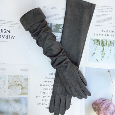 女鹿皮长款手套秋冬保暖加绒加厚韩版修手麂皮绒触屏新品过肘防颜