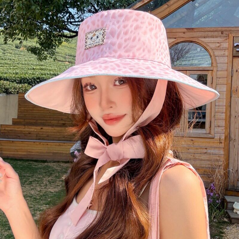 新款夏帽豹纹渔夫帽甜美时尚百搭帽韩版文艺显瘦遮脸绑带帽女显小