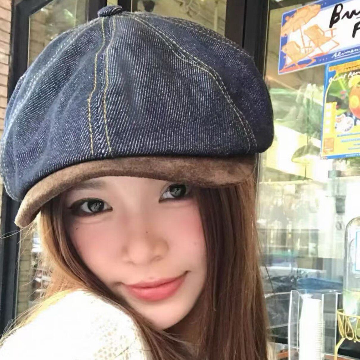 麂皮绒拼接牛仔报童帽水洗做旧复古小沿日系文艺休闲画家帽潮女