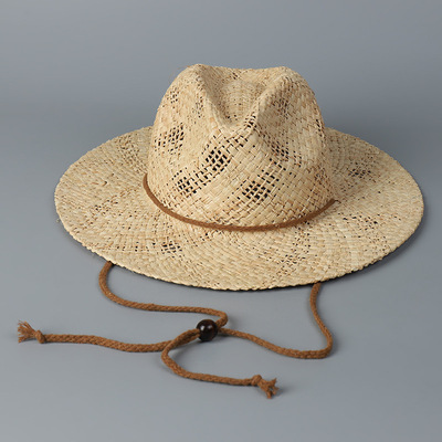 波西米亚度假风草帽女士boho系带爵士帽夏季沙滩帽平檐帽