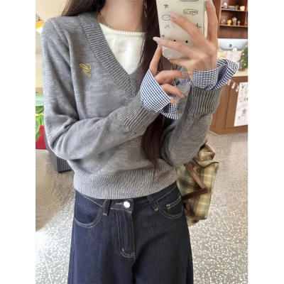 假两件慵懒风毛衣女秋冬穿搭内搭打底长袖上衣宽松外套灰色两件套