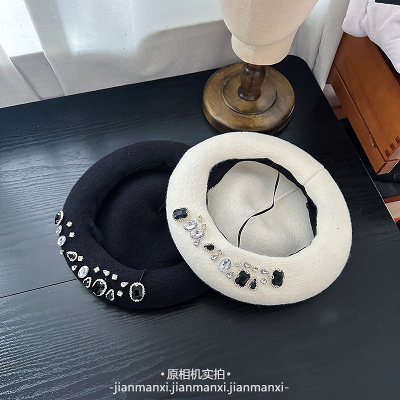 2025重工新款手工镶钻针织贝雷帽女秋冬季显脸小画家帽百搭南瓜帽
