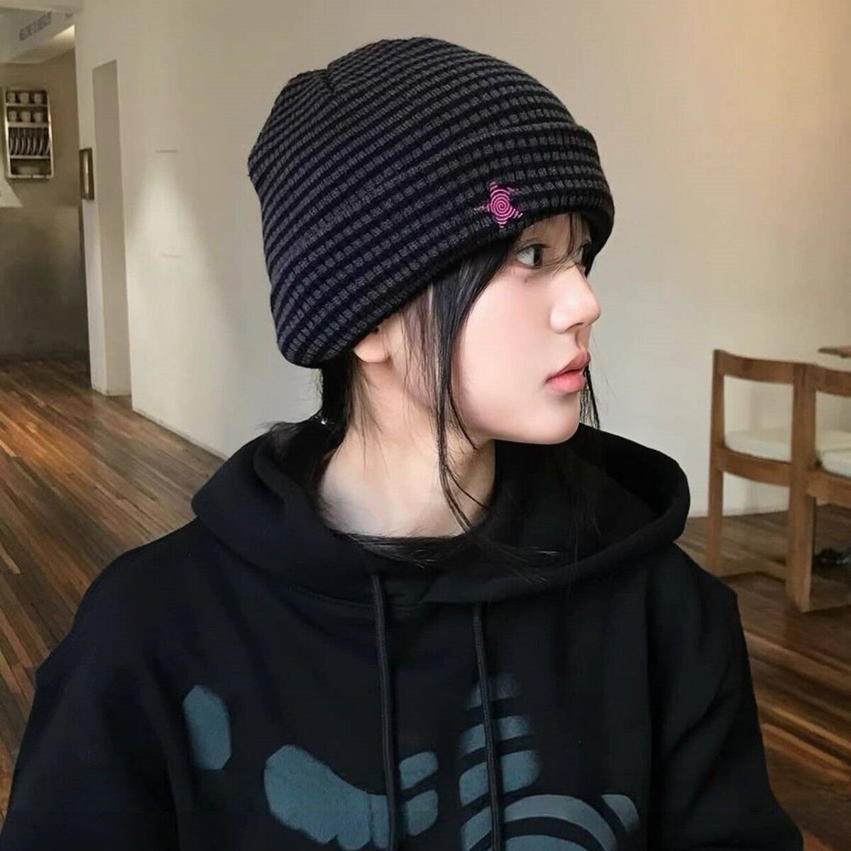 韩国webhouse星星条纹复古针织帽女25秋季新款圆顶毛线帽冷帽男潮