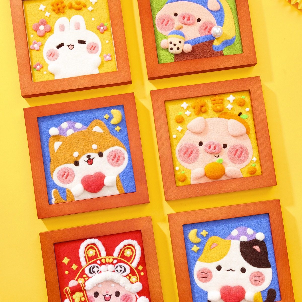 羊毛毡戳戳乐相框画diy手工礼物材料包猪猪兔兔优妮的