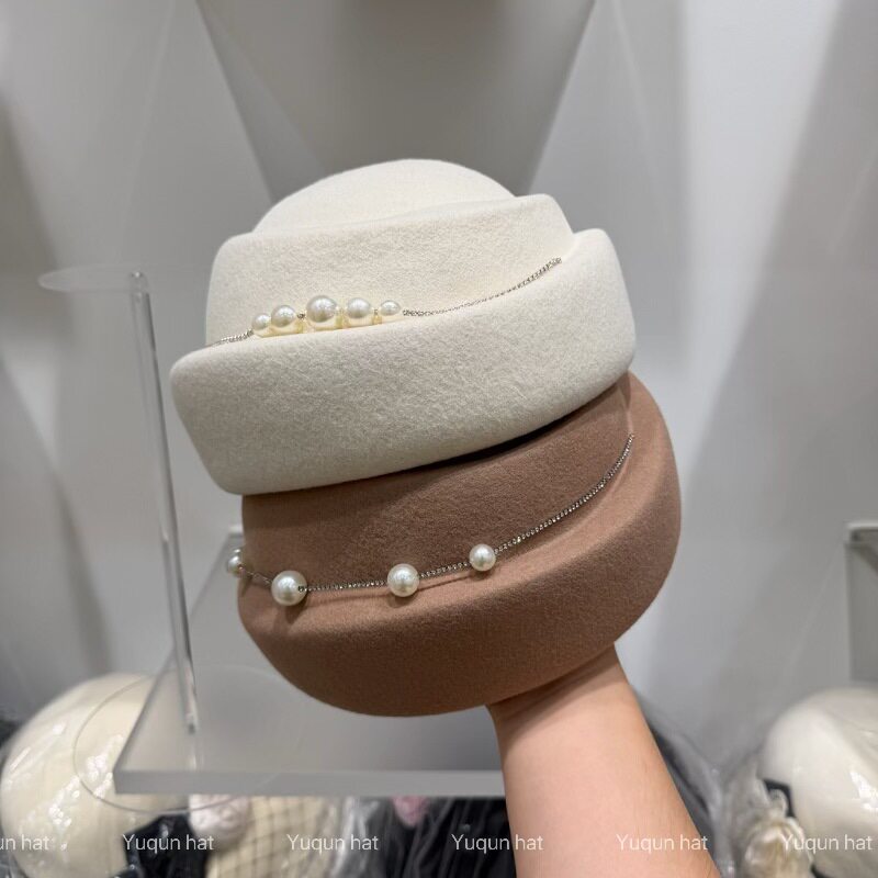 千金复古名媛定型小礼帽女秋冬法式优雅珍珠水钻装饰羊毛呢贝雷帽
