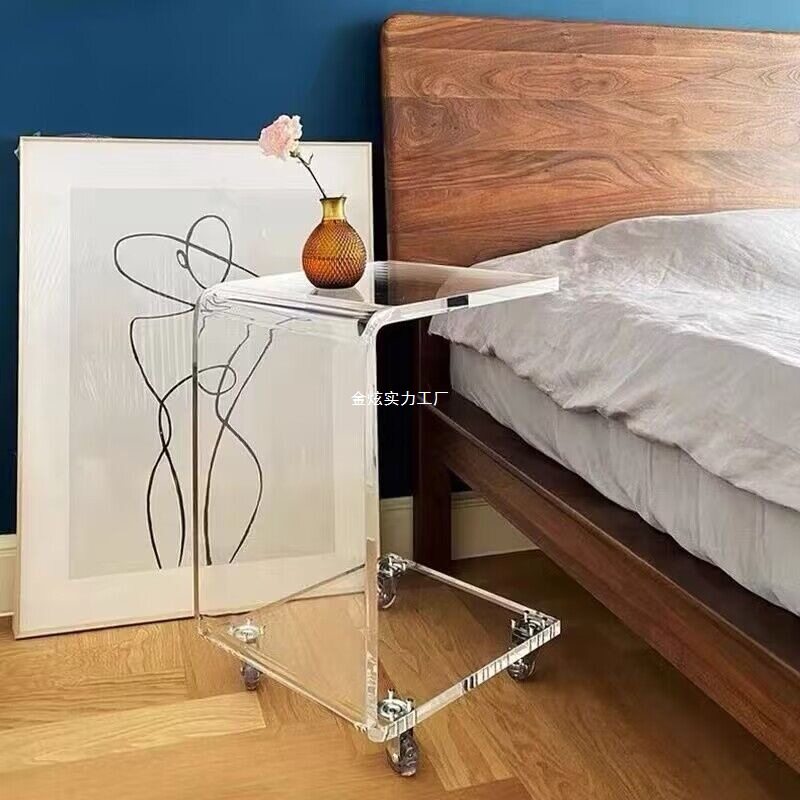 带轮简约透明亚克力家用移动沙发边几小推车可客厅茶几床头柜无