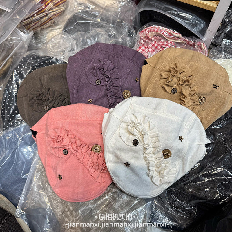 新款复古褶皱花边纽扣前进帽女春夏透气显脸小文艺小众时尚八角帽