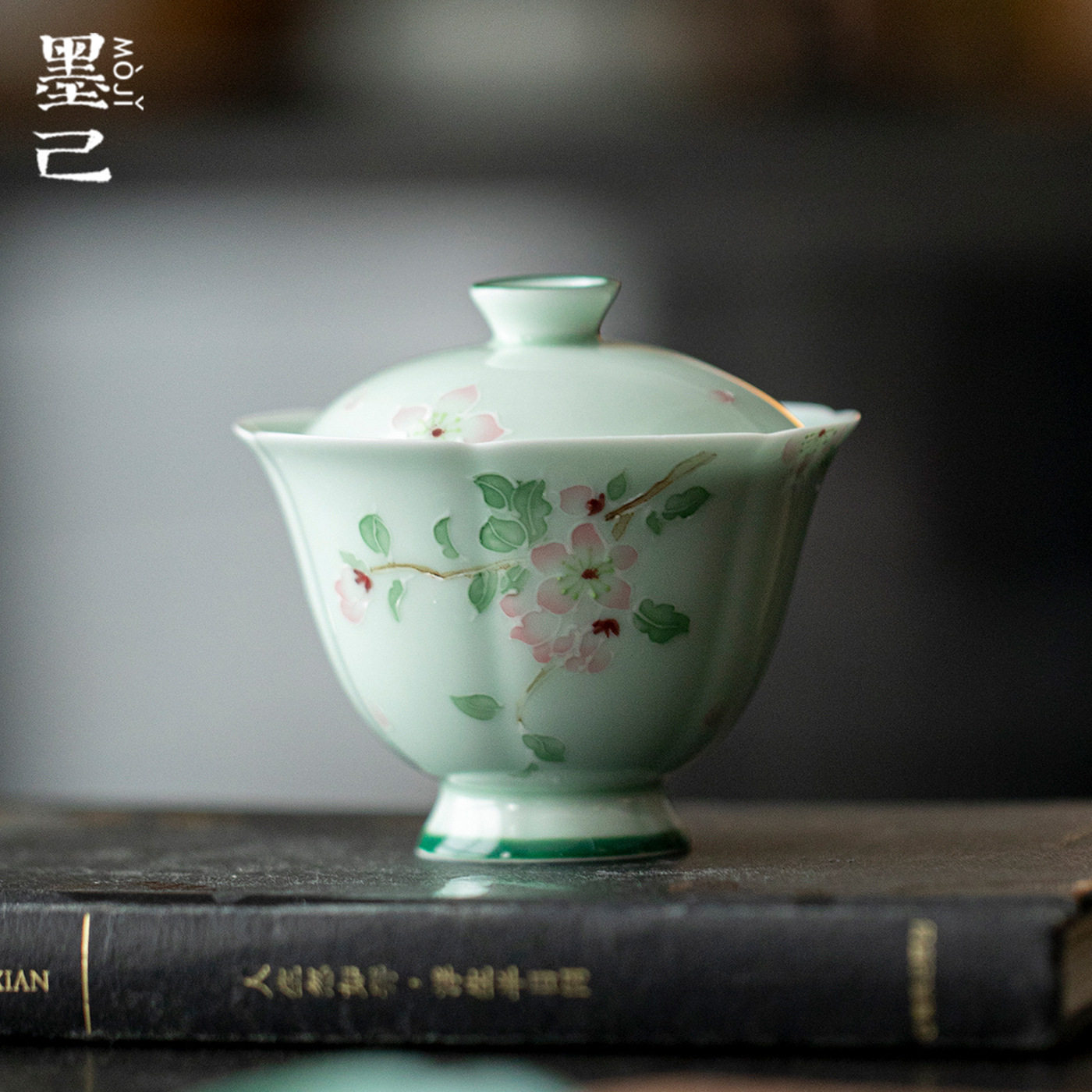 墨己仿宋高足花口陶瓷盖碗家用手绘釉下彩梨花泡茶碗功夫茶具盖碗