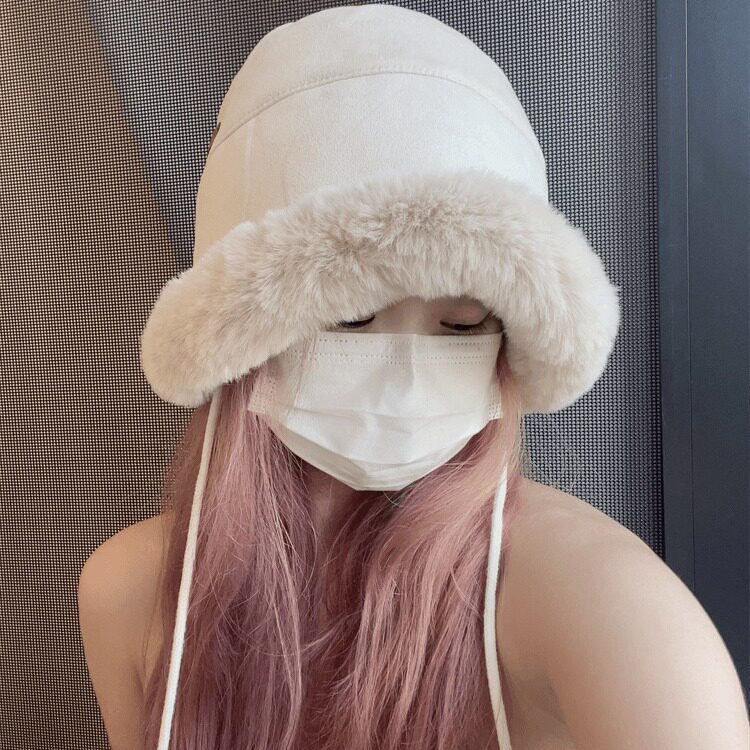 升级绒系带毛球秋冬厚毛绒保暖渔夫帽女防寒防风麂皮绒护耳帽