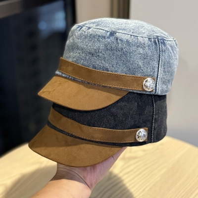 韩版拼色麂皮绒平顶牛仔马术帽ins风女春夏复古八角帽显脸小休闲