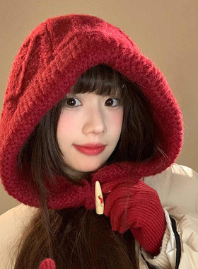 红色显白巴拉克拉法帽女秋冬季加厚保暖骑车百搭针织包头帽显脸小