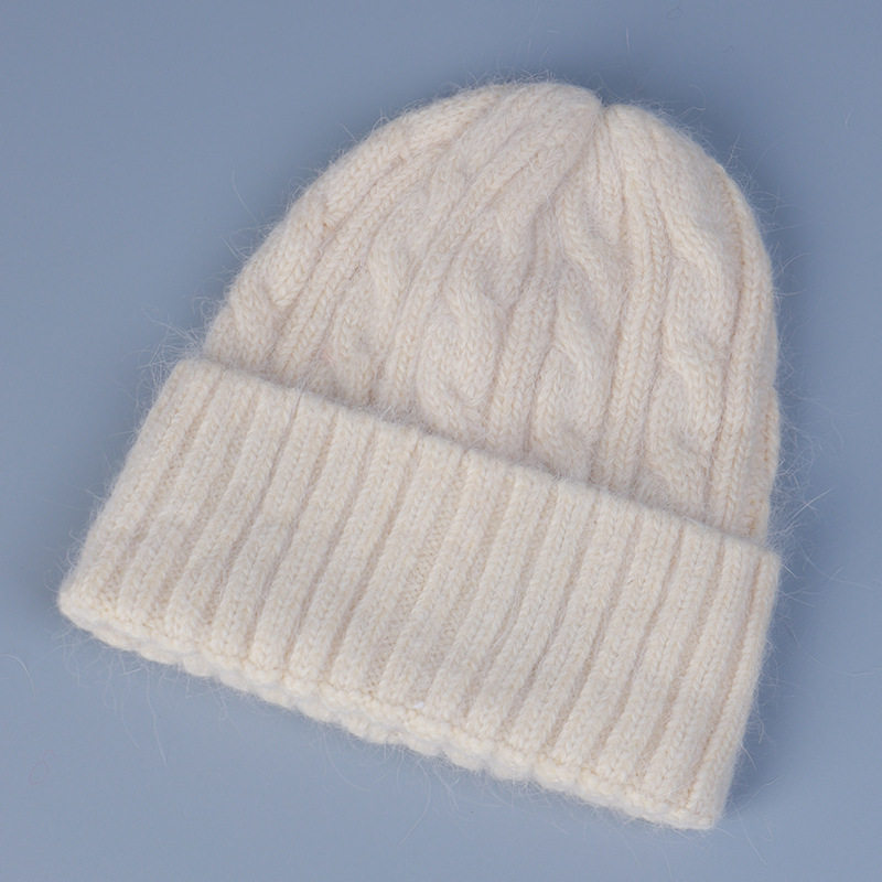 兔毛针织帽女韩版纯色麻花毛线帽冬季温暖单层护耳防寒套头帽