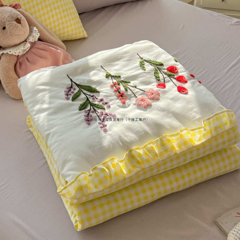 2025新款云朵棉针织棉韩版毛巾绣夏被夏凉被空调被四件套粉小格