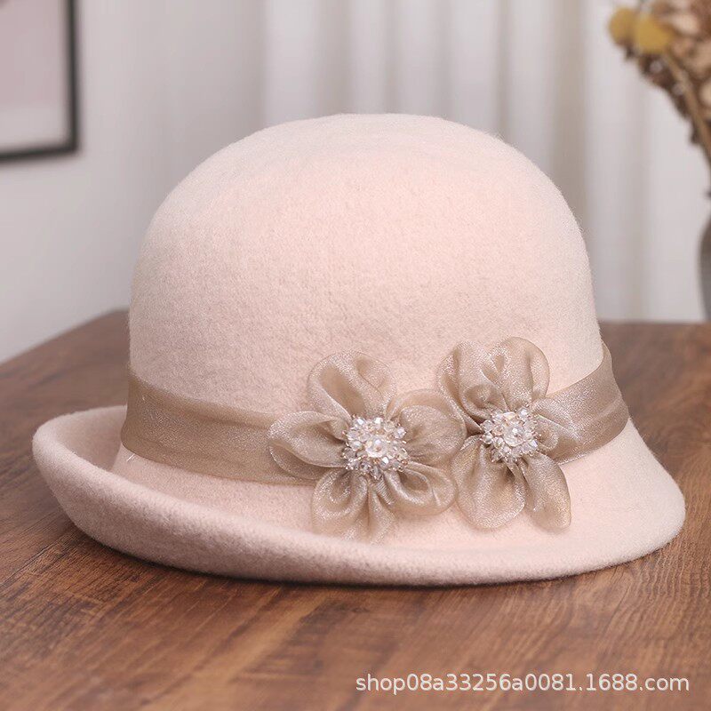 秋冬羊毛礼帽女复古卷边毛呢毡帽韩版优雅花朵时尚保暖盆帽渔夫帽