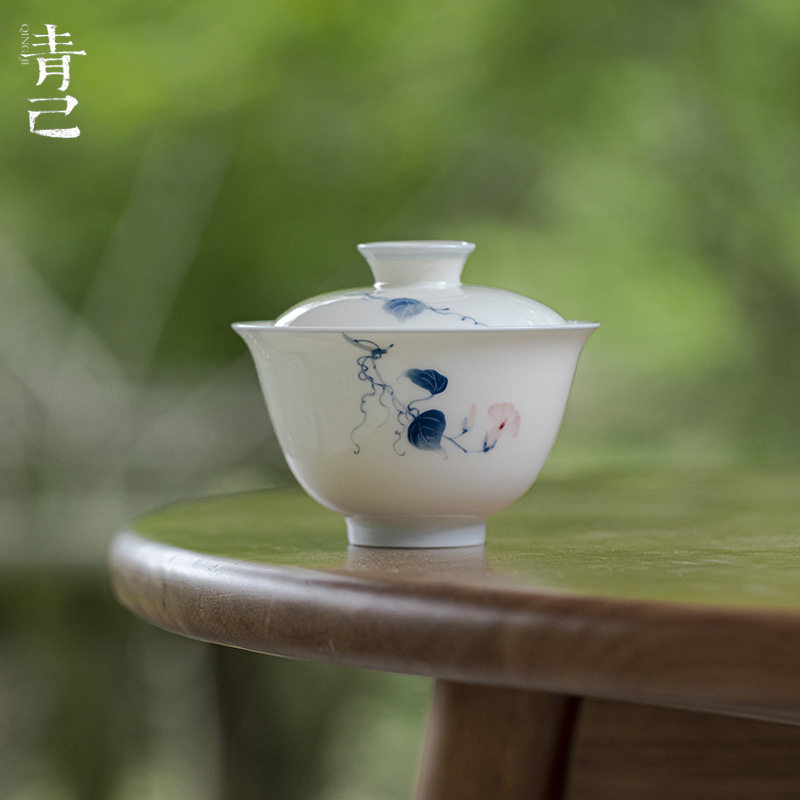 青己 玉泥白瓷手绘盖碗薄胎功夫茶具陶瓷釉下彩牵牛花文人泡茶碗