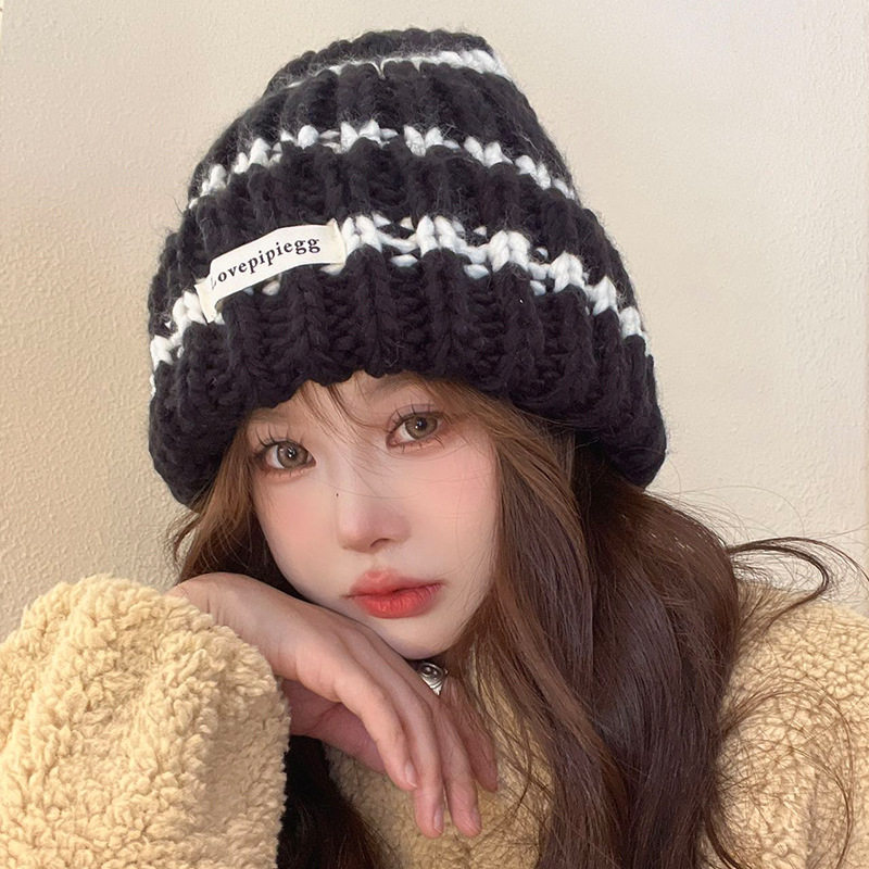 条纹粗针织帽女韩版秋冬百搭显脸小保暖毛线帽加厚保暖骑行冷帽男