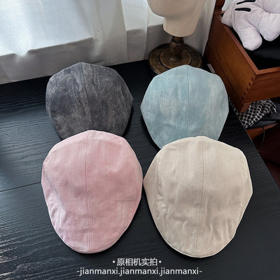 前进帽夏季女薄款复古纯色文艺百搭画家帽日韩可调节古风贝雷帽