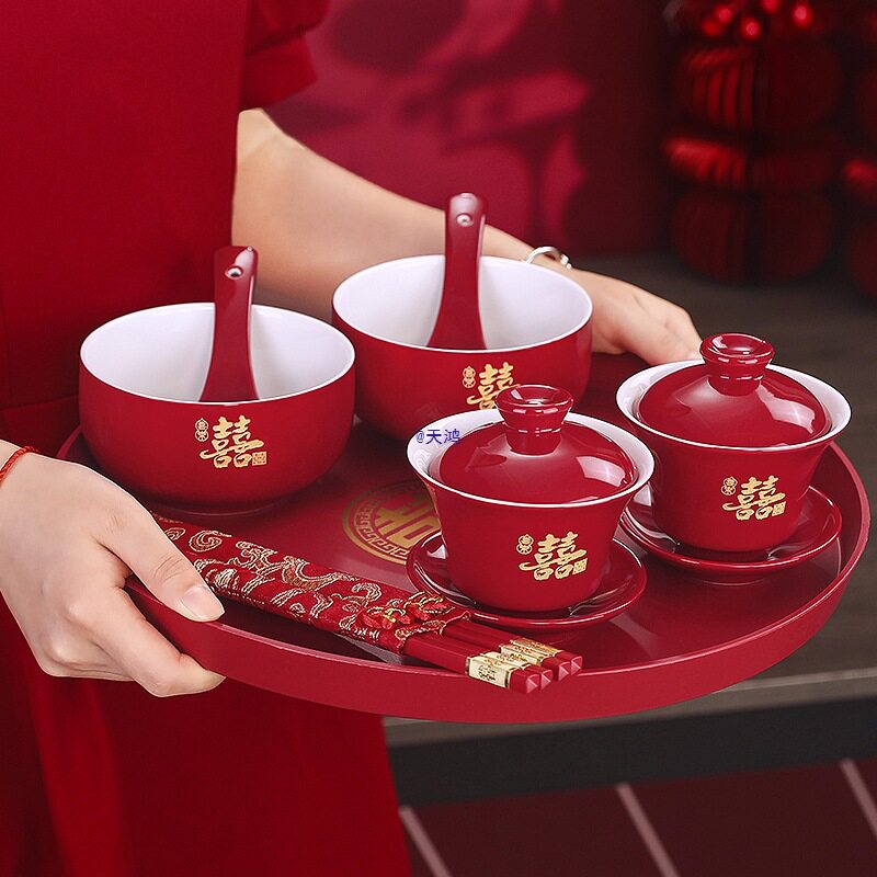 敬茶杯子结婚喜碗婚礼改口一对红色敬酒茶杯碗筷套装新婚陪嫁家用