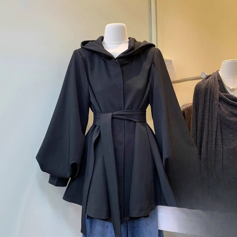夹棉韩版连帽系带收腰中长棉服女秋冬新品感超好看灯笼袖大衣外套