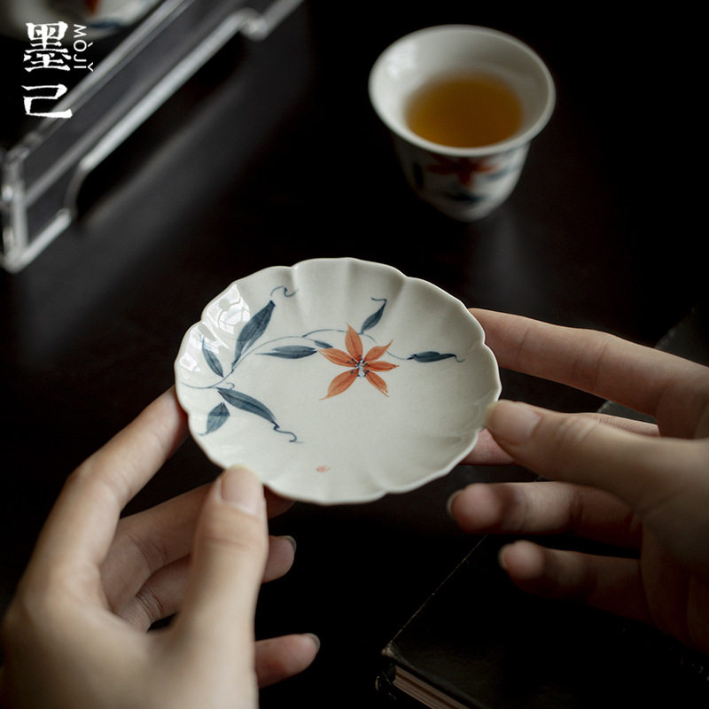 墨己 草木灰花边杯垫功夫茶具手绘茶杯底托茶道配件陶瓷杯垫茶托