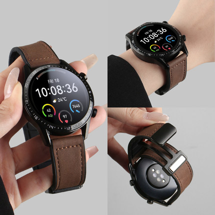 适用华为watchgt5/6手表带疯马皮磁吸gt4专用新款watch4智能运动手表链5pro真皮腕表gt3/2高级感男士表链秋冬