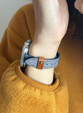 适用华为watch fit4手表带新款牛仔watchfit3智能手表链4pro腕表系列2女士高级感1手环腕带女款秋冬真皮手带