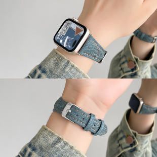 适用iwatchs8表带s9创意s10牛仔s7苹果s6s11手表iwatchse手表带女式 真皮高级感腕带小众 秋冬applewatchse女款