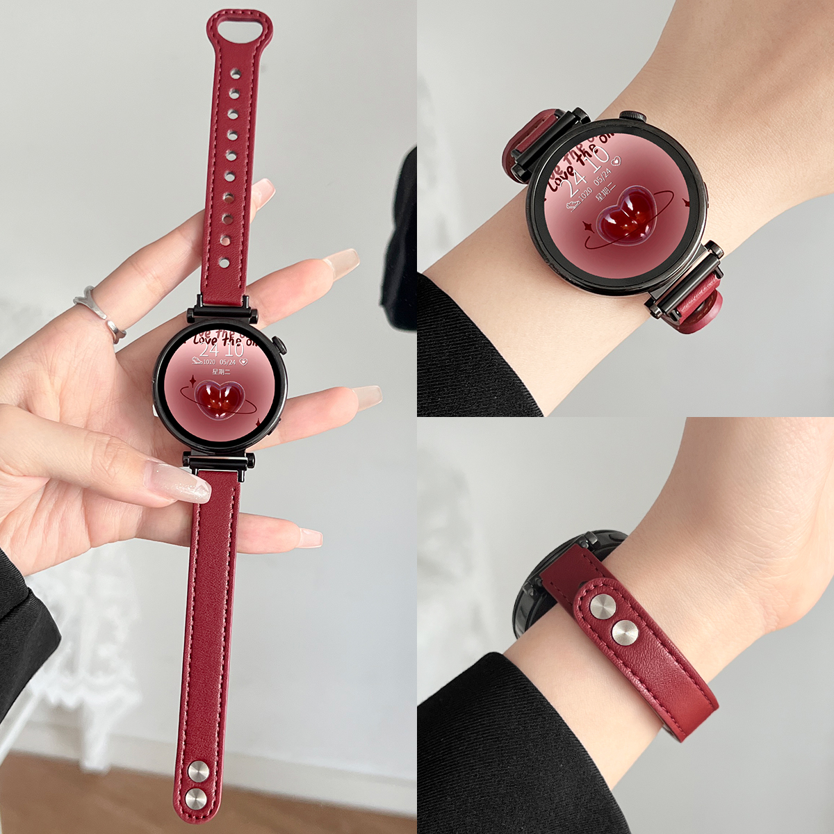 UHADA皮质双钉扣表带新款酒红色