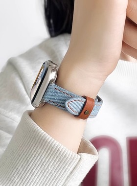 适用iwatchs9手表带牛仔s8s7女款s10苹果手表s6s5真皮小众iwatchse手表带11高级感applewatchs9表链4夏天腕带