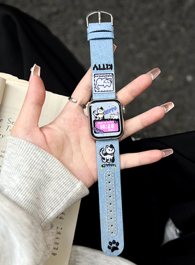 适用华为watchfit3手表带4牛仔刺绣猫咪fit2女款智能手表fit1手表链真皮腕表手带4pro运动手环腕带女士手表链