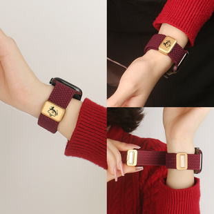 适用applewatchs10手表带创意酒红色s11女式s8苹果s7手表s6s5表链秋冬新款iwatchs9编织磁吸iwatchse女款腕带