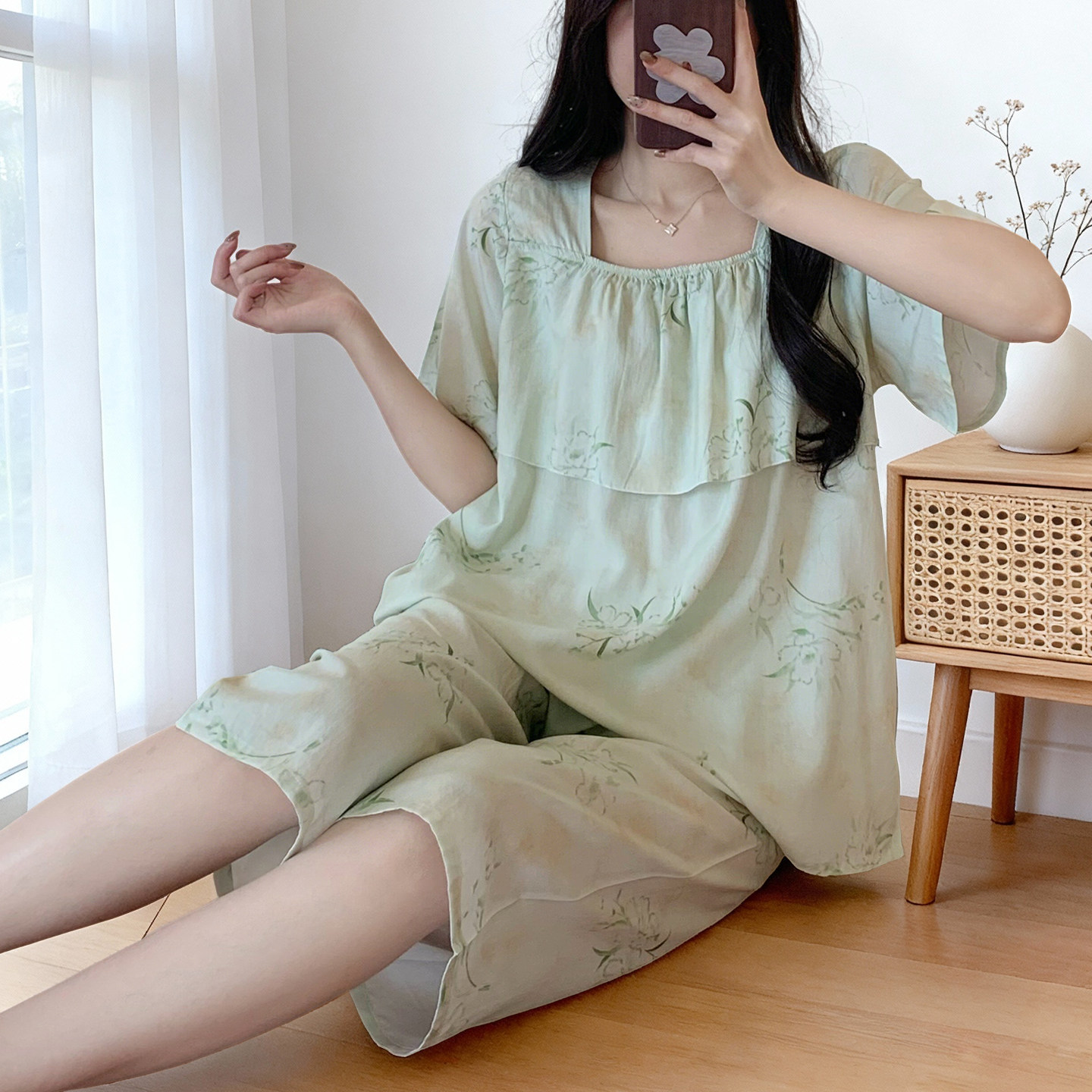 棉绸睡衣裤套组女夏季薄款短袖五分裤大尺码防凸点可外穿家居服两