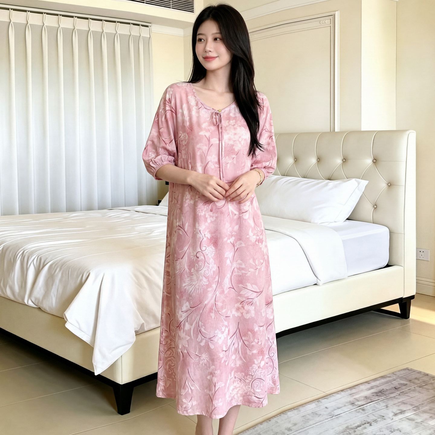 粉色印花轻薄款棉绸睡裙宽松大码妈妈款夏季透气绵绸居家外穿长裙